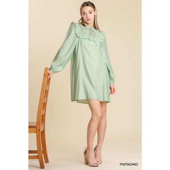 Umgee Long Sleeve Smocked Ruffle Yoke Tie Front Peephole Mini Dress Size M - Picture 1 of 6